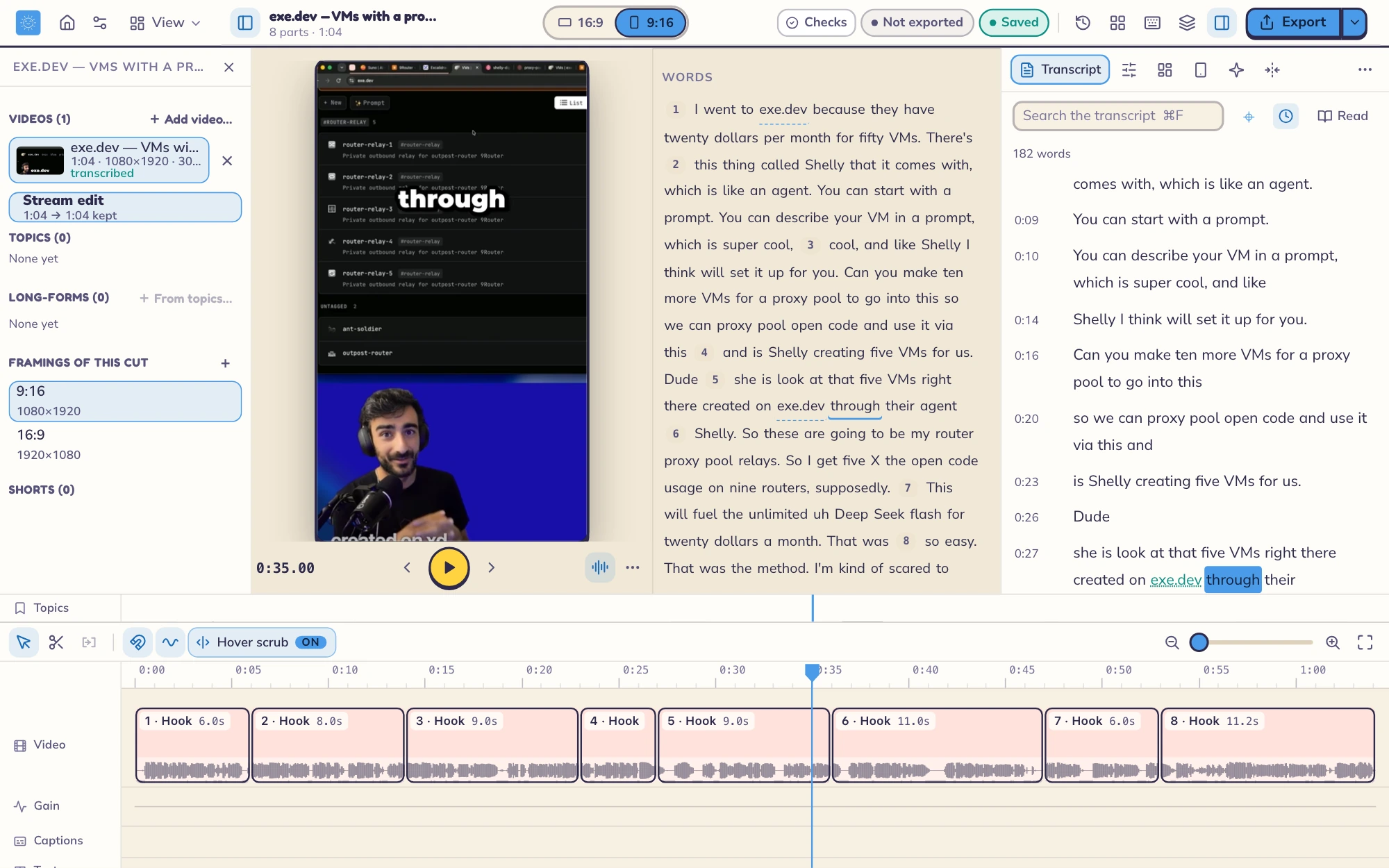 A vertical cut with the transcript beside the picture