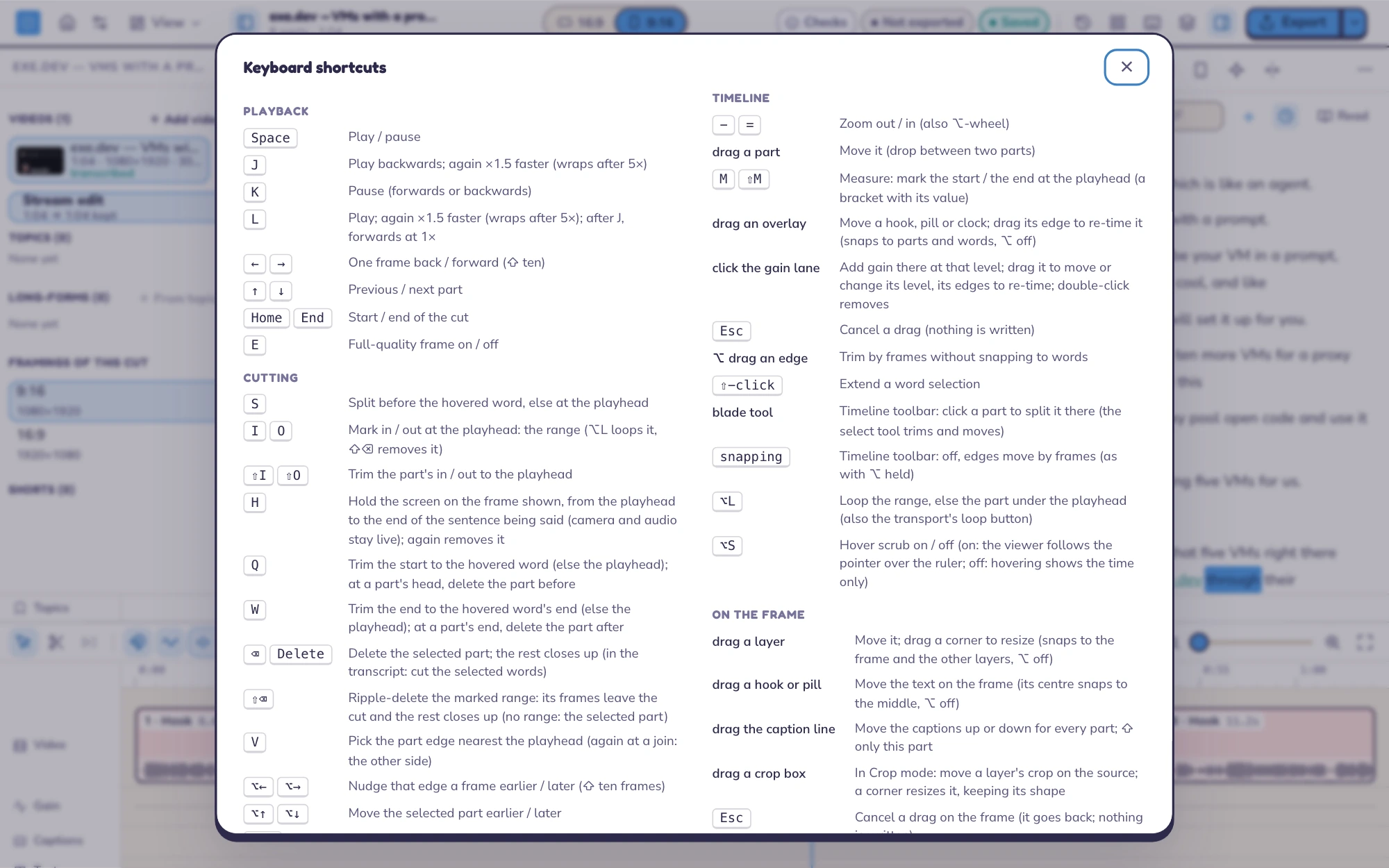 The keyboard shortcuts sheet